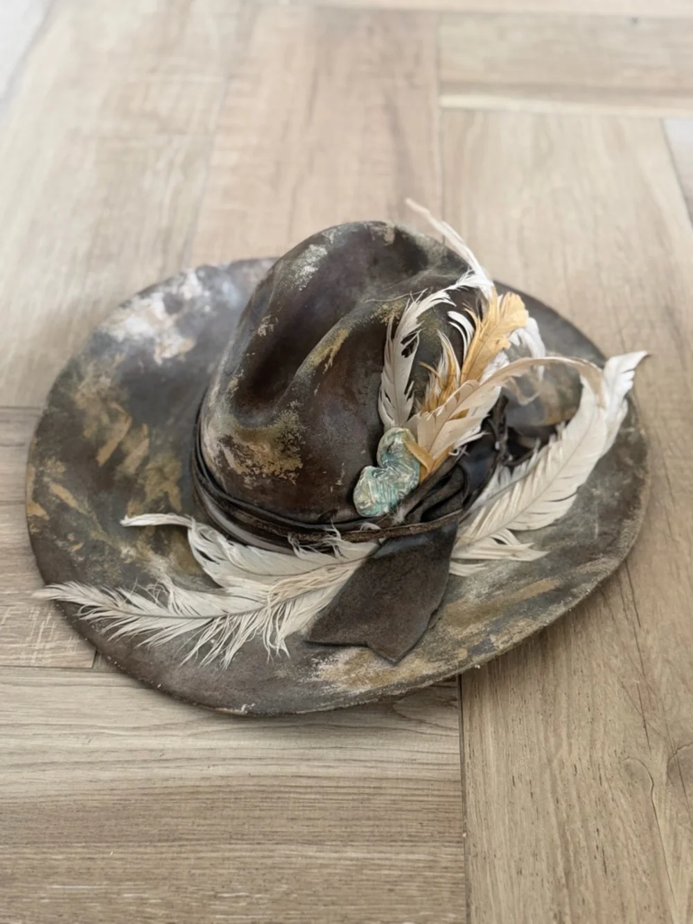 Stetson Brown Distressed Fedora with Feather Trim